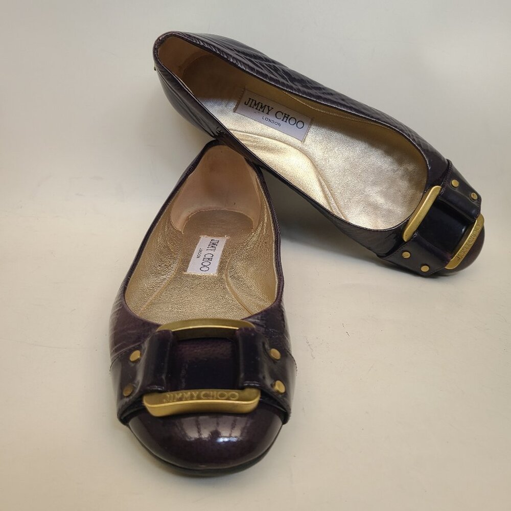 Jimmy Choo Dark Purple Patent Leather Ballet Flats EU 37.5 Gold Tone Buckle